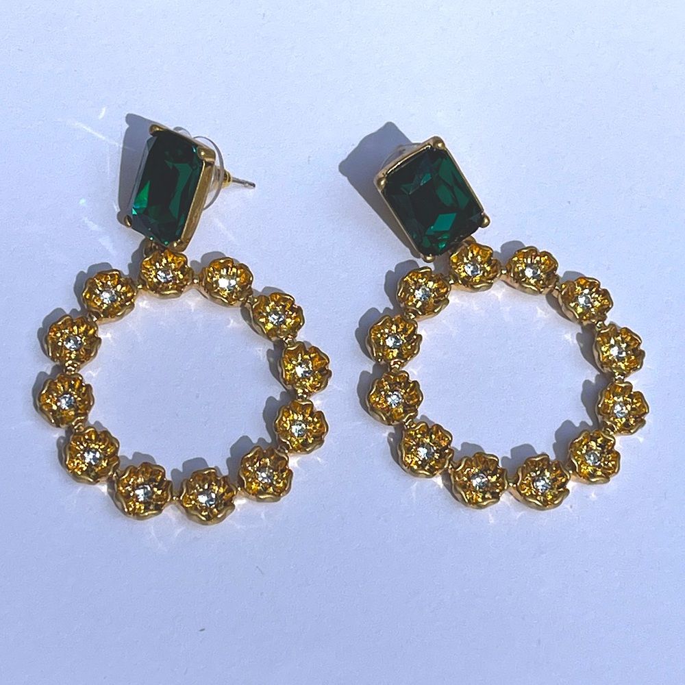 Oscar de La Renta Earrings emerald gold flowers floral Dangle drop hoops signed - Picture 7 of 14